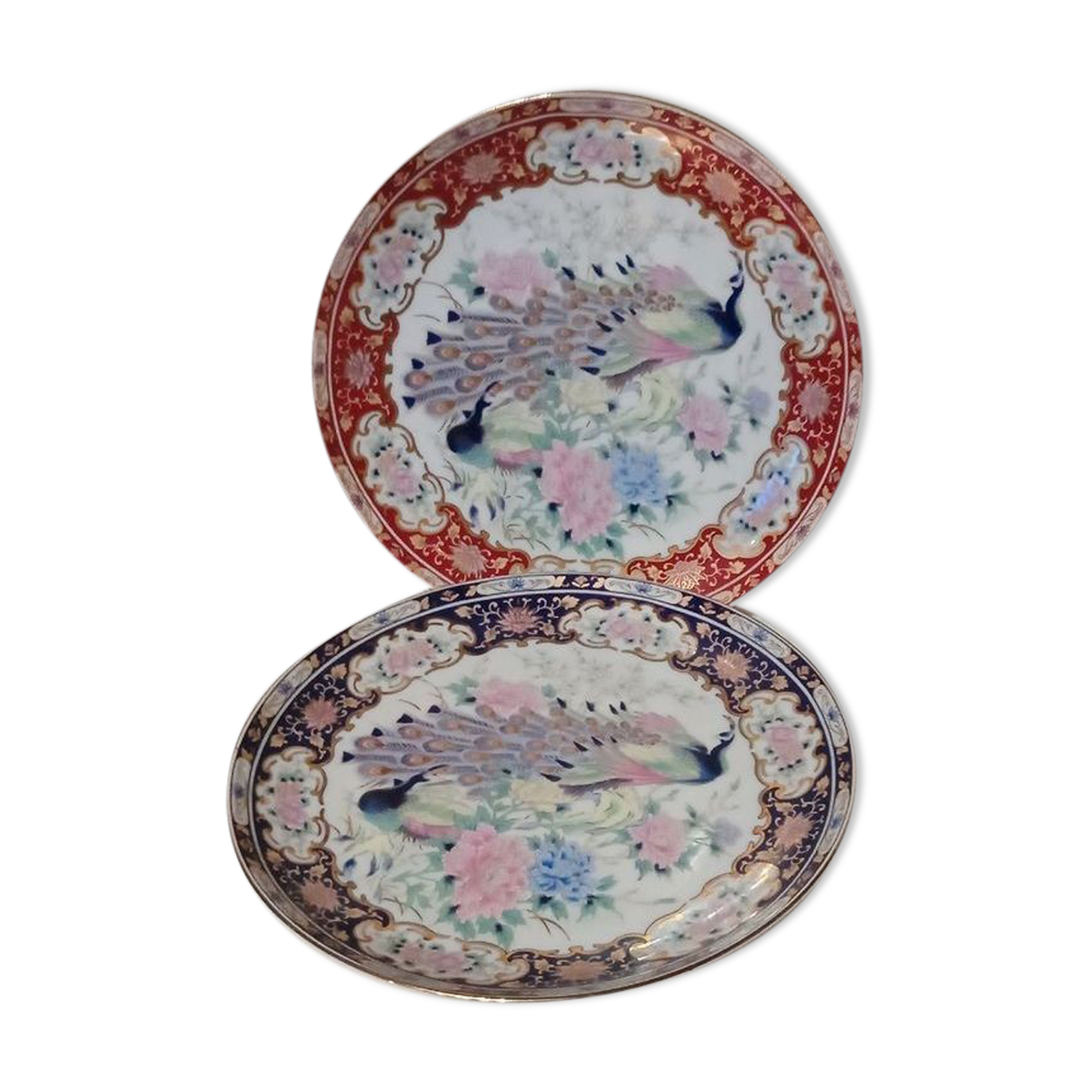 Set of 2 decorative plates Japanese peacock decoration with chrysanthemums