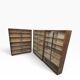 Vintage shallow wooden display shelf with sliding glass doors.