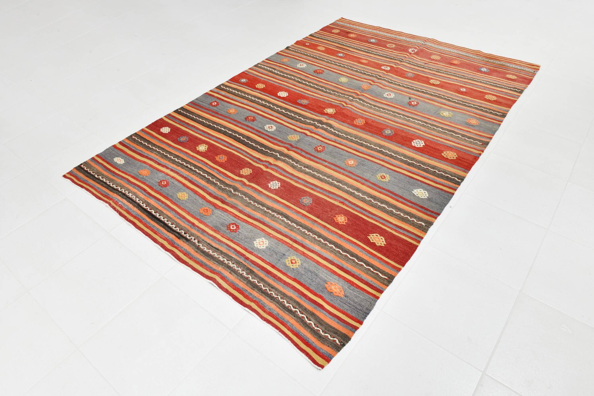 6x9 Red & Blue Striped Pattern Handmade Kilim Rug, 175x275Cm