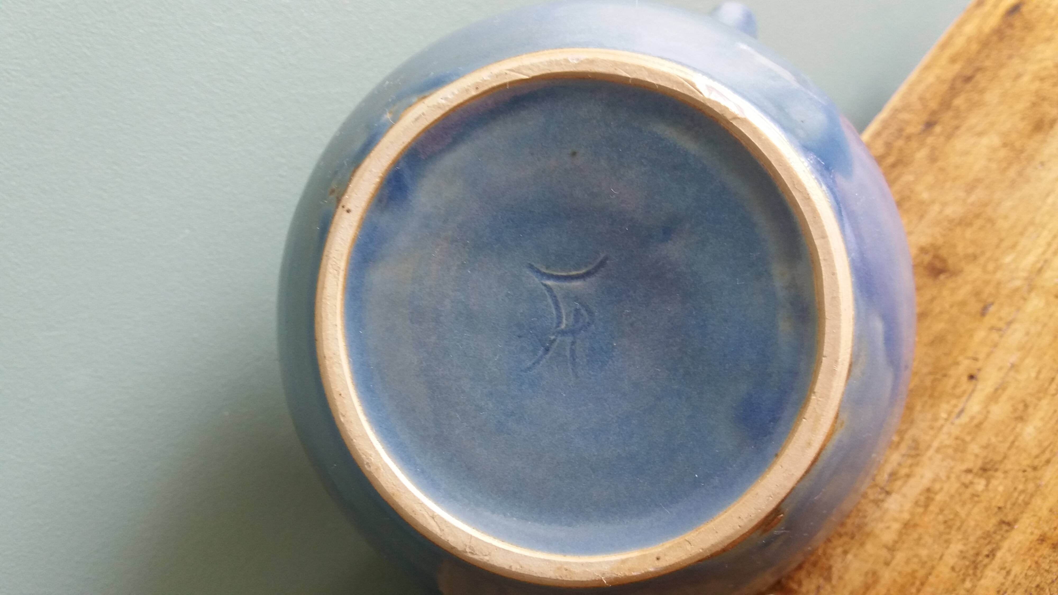 Blue glazed ceramic teapot signed