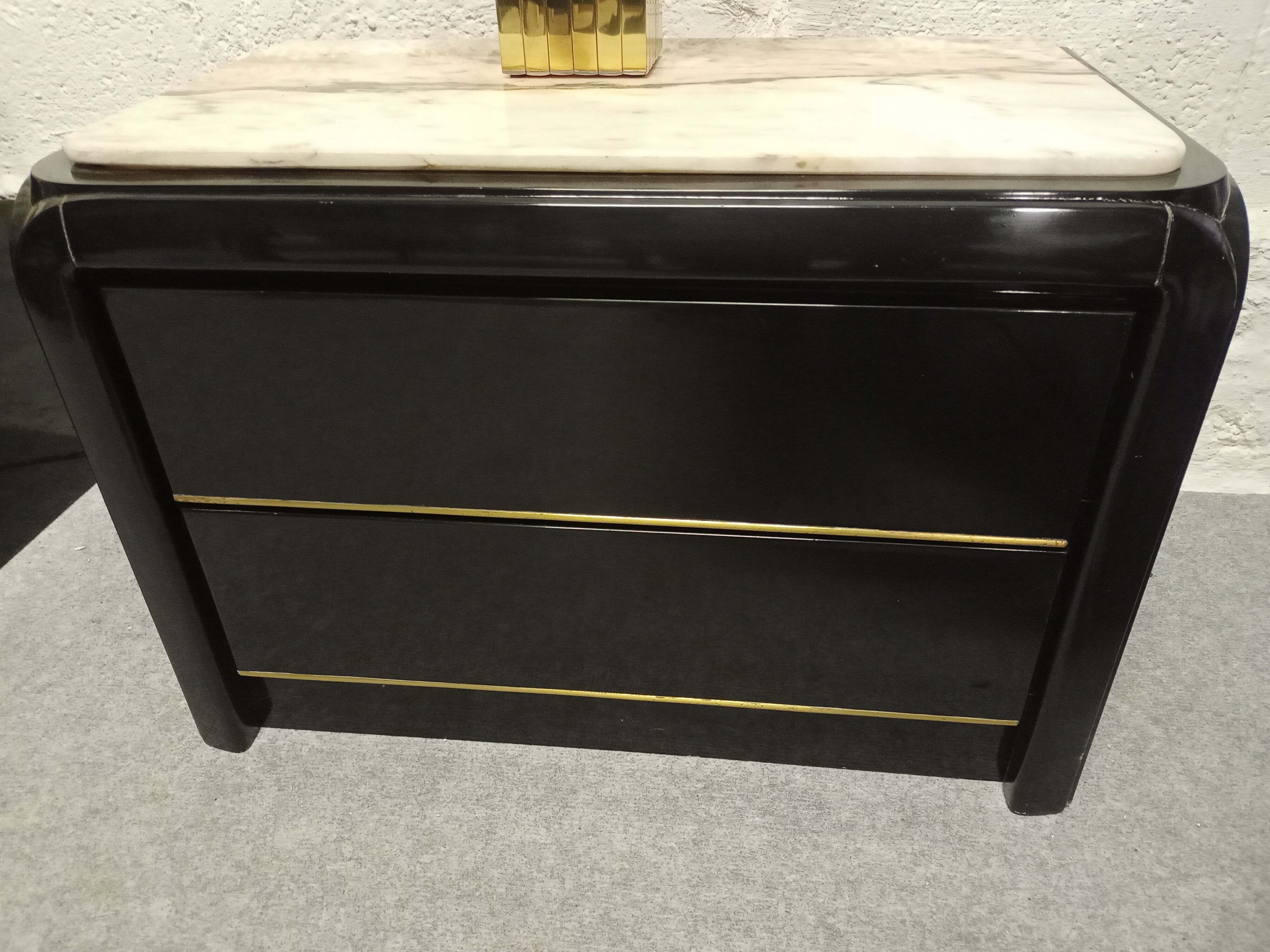 Pair of lacquered and marble bedside tables