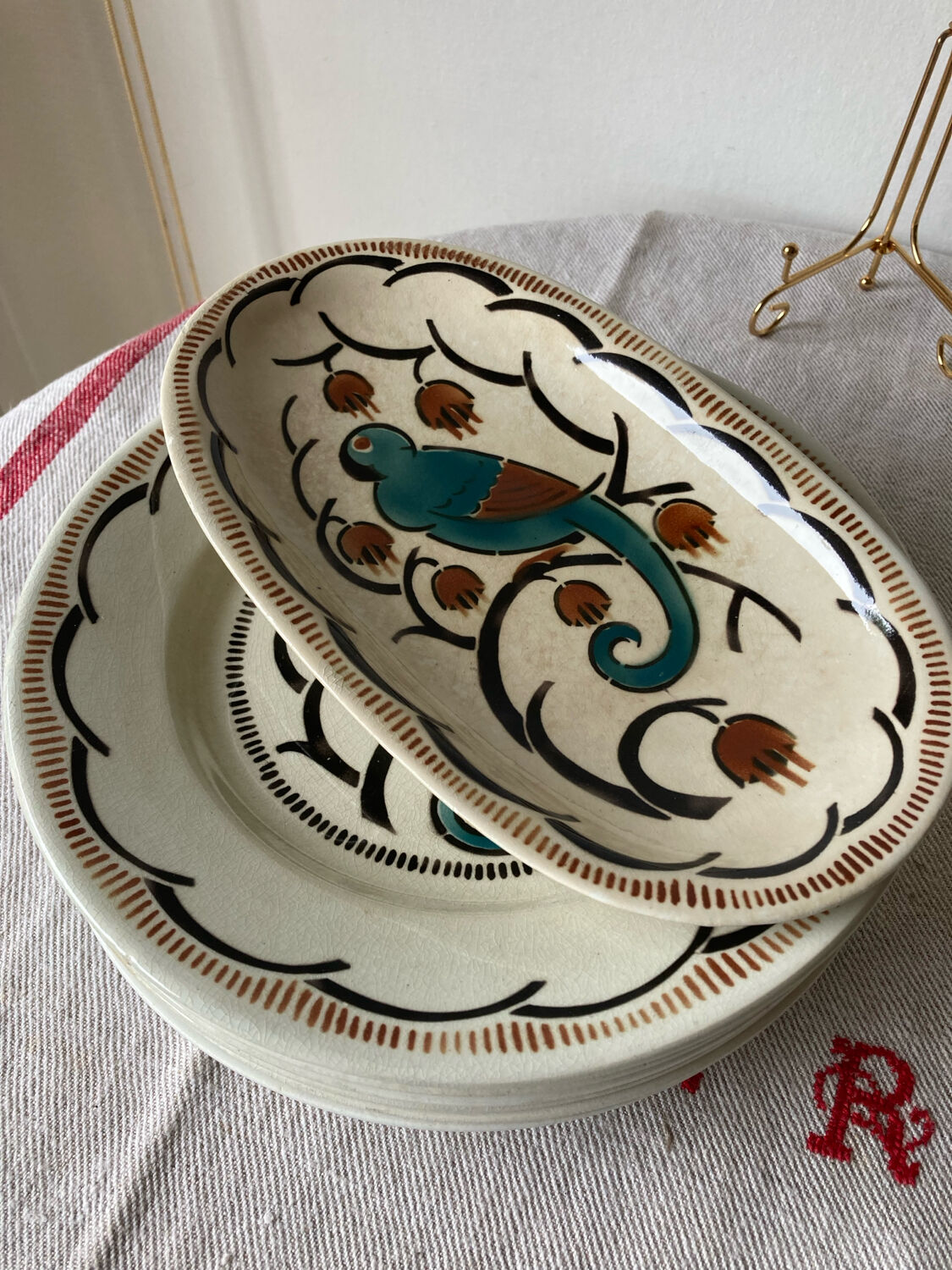 Dessert plates and serving dish, K&G Luneville, parakeet model.