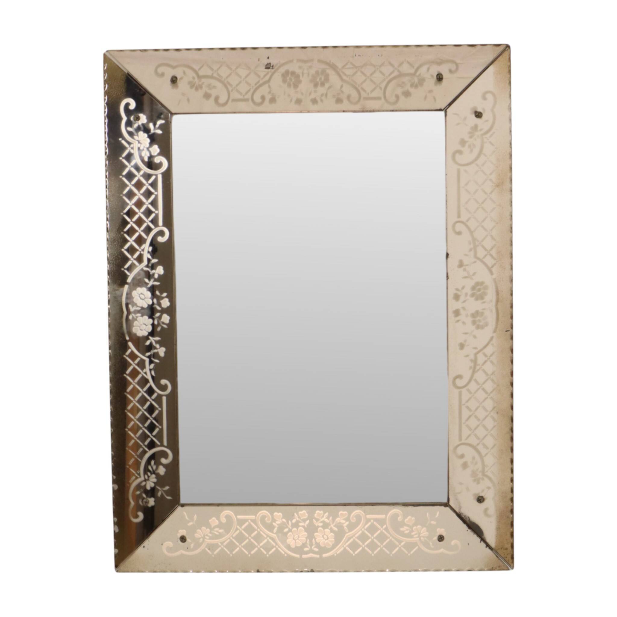 Large Venetian mirror, pink glass with engraved flowers, 77 cm