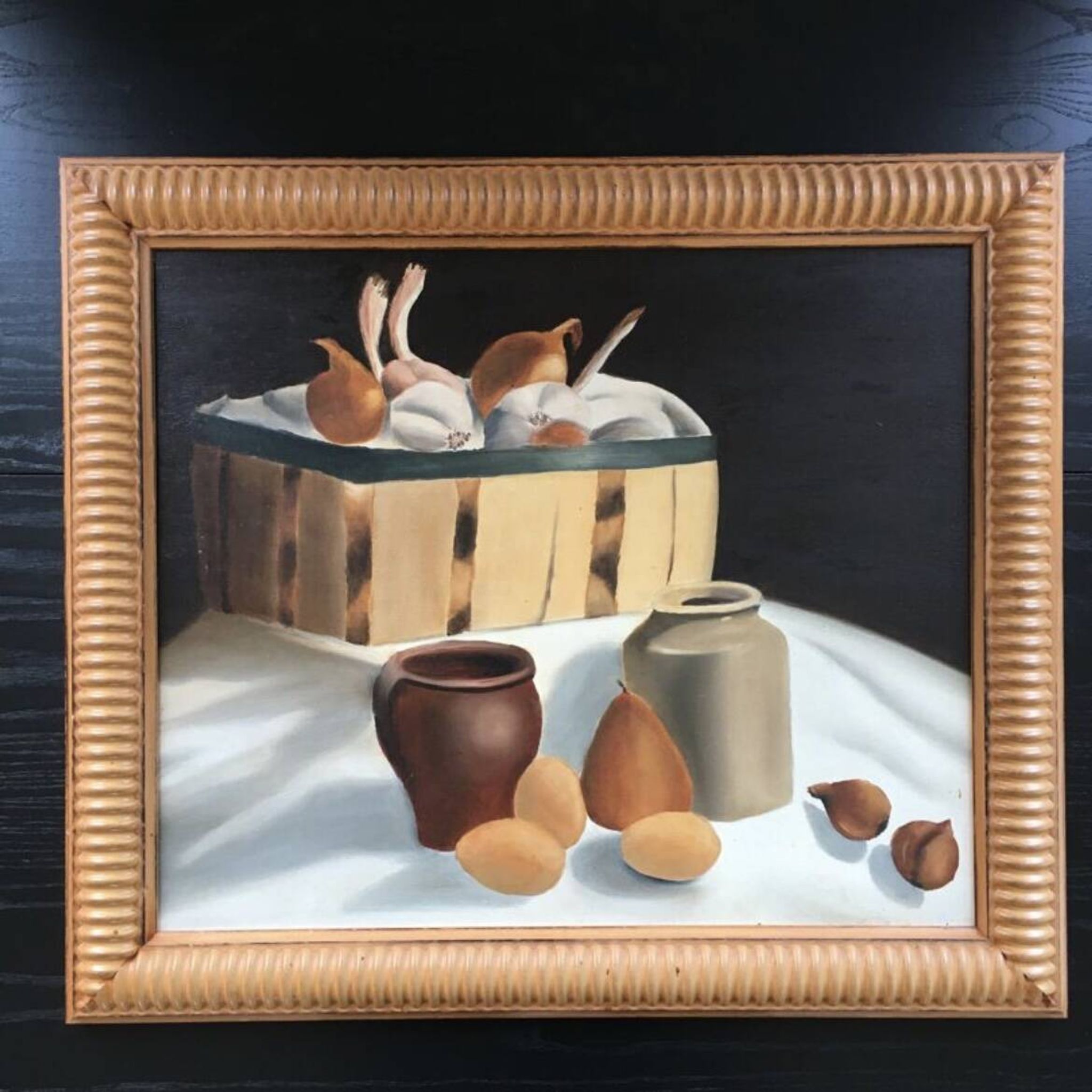 Still life painting of pots and vegetables