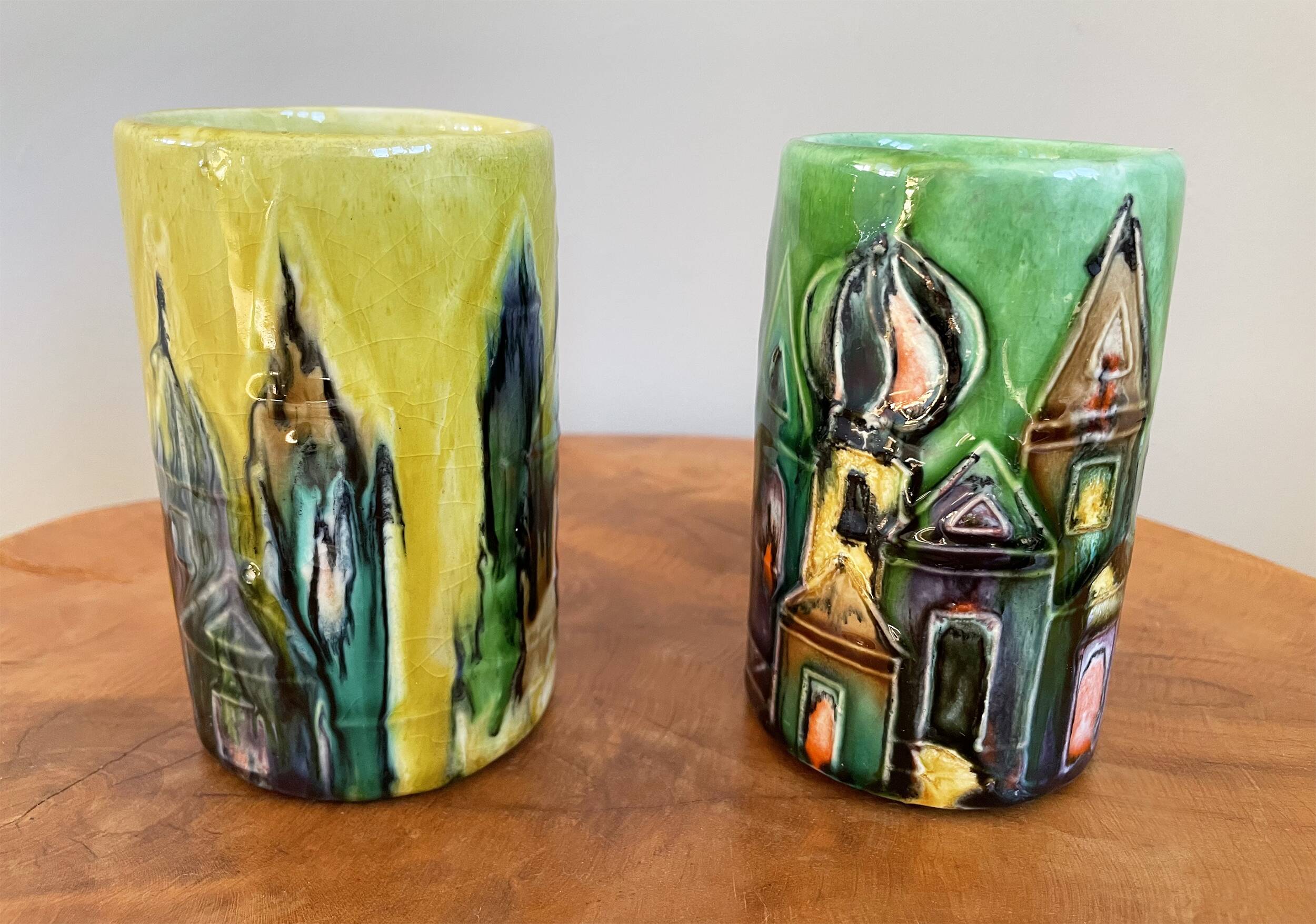 Paire de vases en céramique modernistes elio schiavon, paysage urbain sur les toits d’horizon, poterie italienne des années 1960