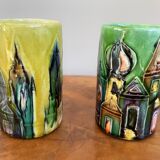 Pair of elio schiavon modernist ceramic vases, skyline rooftops cityscape, 1960s Italian pottery