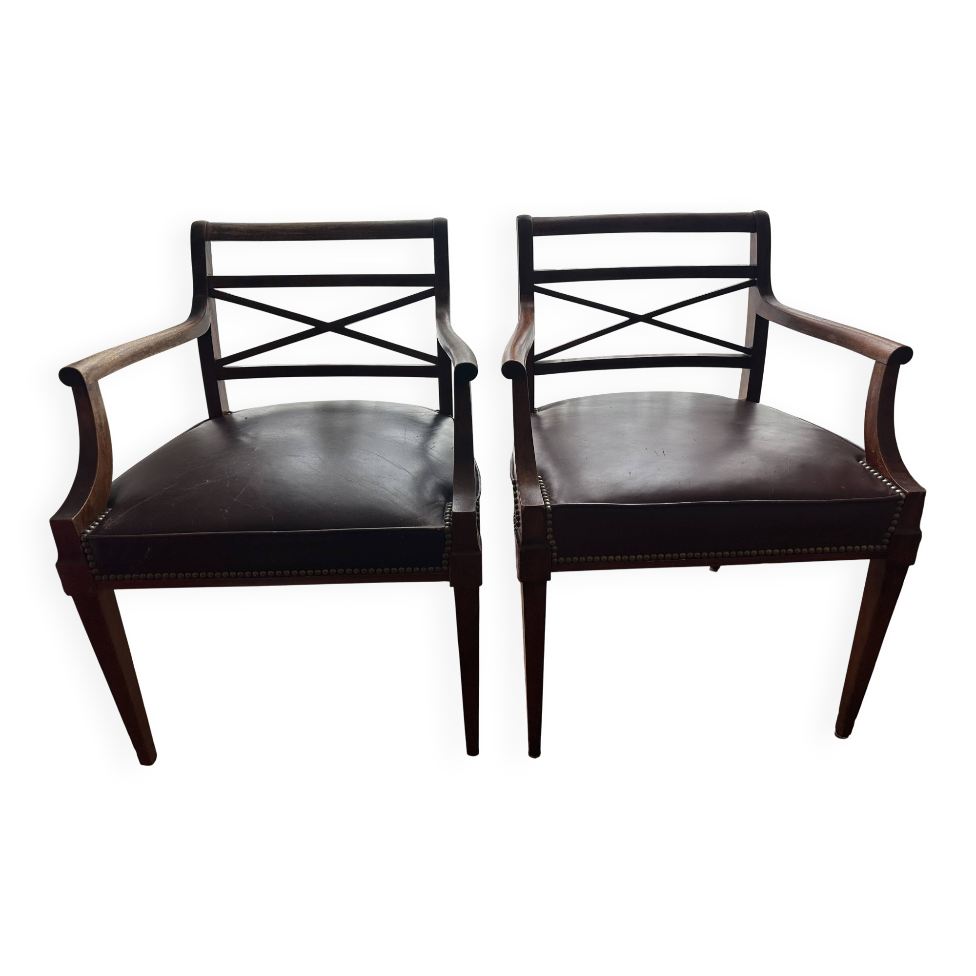Pair of leather and wood bridge armchairs – Directoire style, 1940s