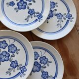 6 vintage Gien faience dessert plates, Nancay model, hand-painted blue floral pattern