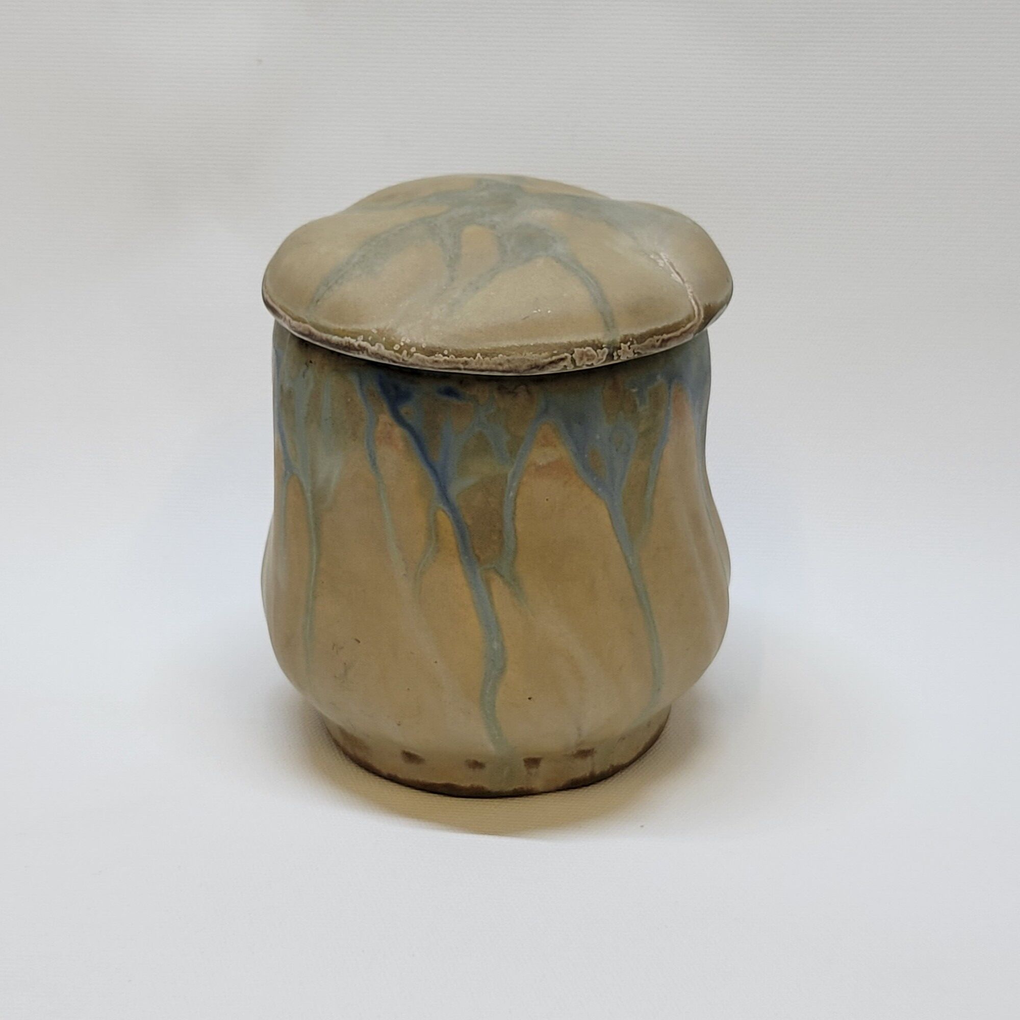 Gilbert Metenier Covered pot in beige and blue art nouveau flamed stoneware