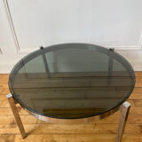 Table basse ronde métal chromé et verre années 70
