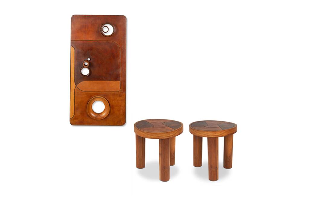 Stools and wall lights in cherry wood and leather. 1970s.