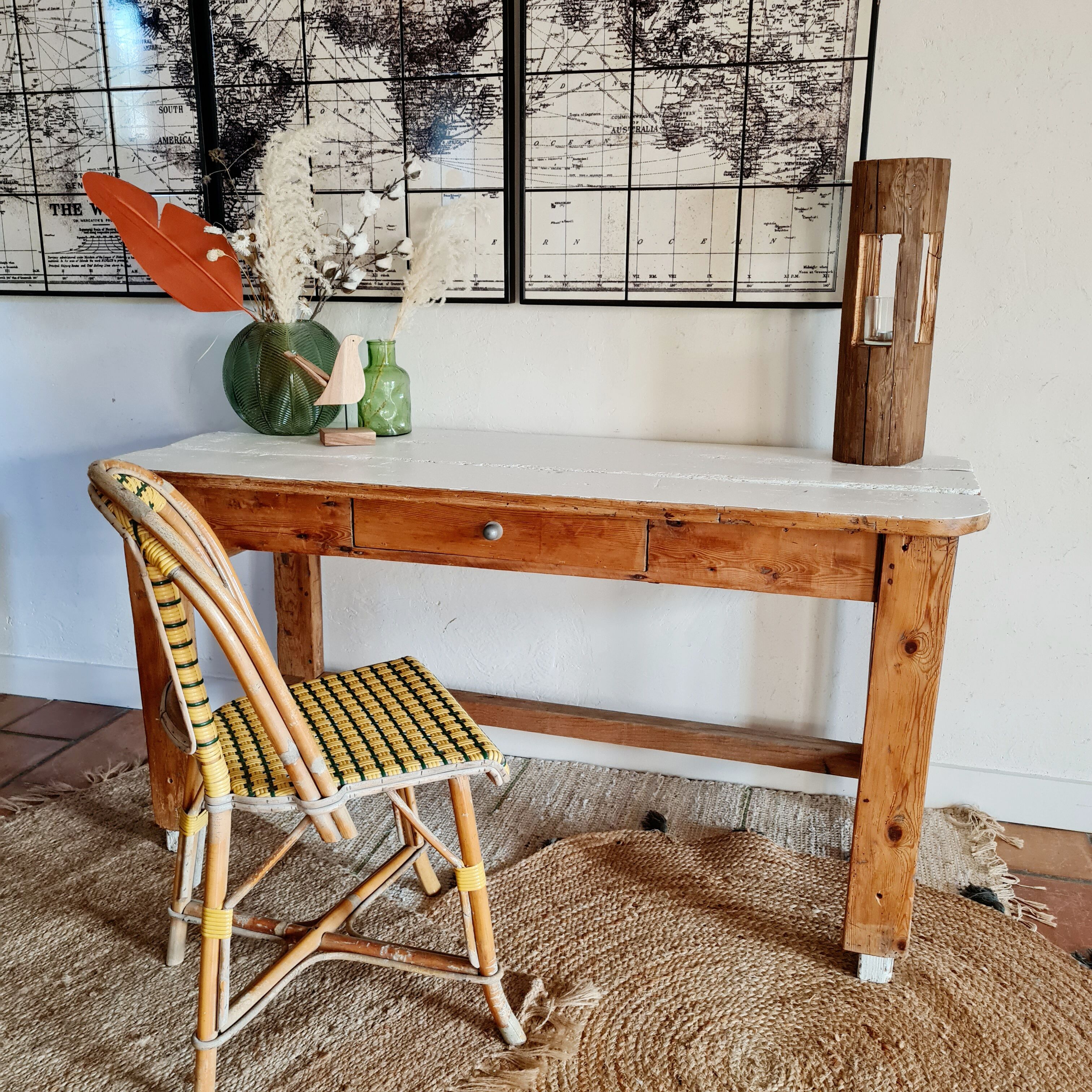 Table d'atelier bureau de métier en bois 1 tiroir plateau blanc