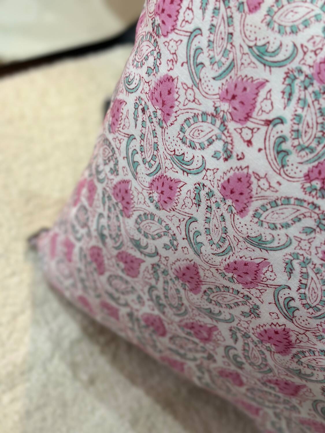 Coussin indien block print fleurs "fleur" - rose/blanc