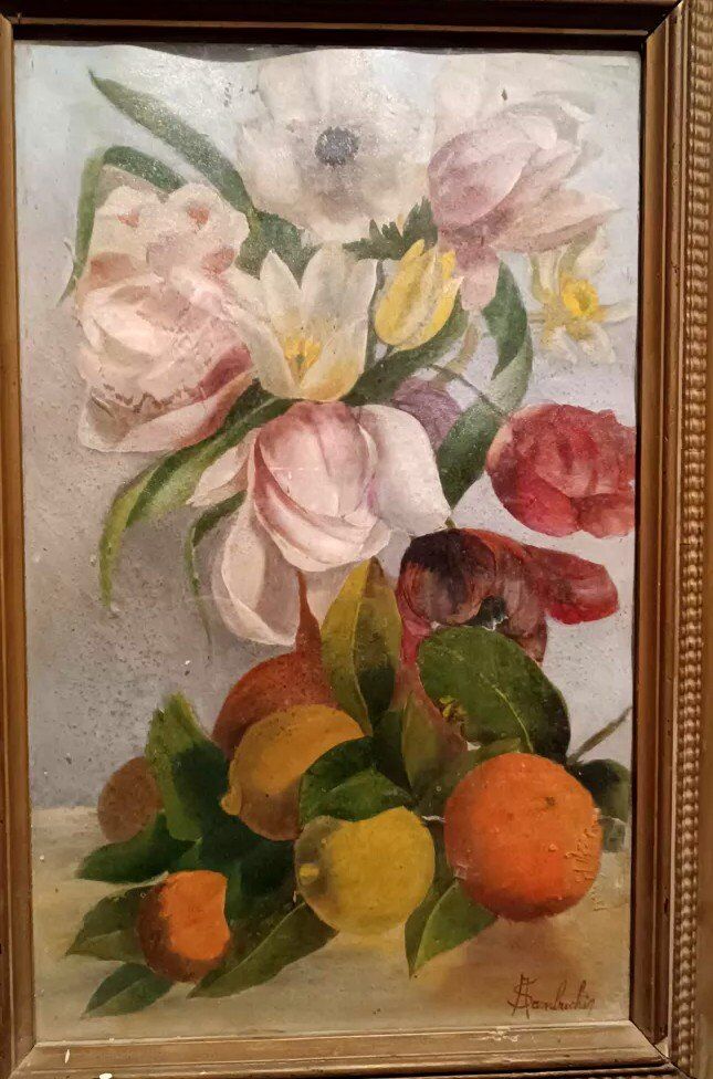 Tableau De La Fin Du 19ème Siècle, Signé, Fleurs, Citrons, Oranges. 67x43
