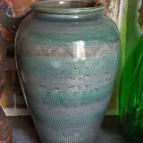 Oblong ceramic vase sacrificed with blue enamel