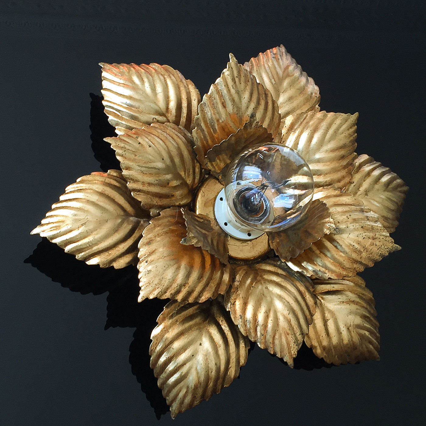 Masca floral wall lamp, metal with gold leaf, 1970