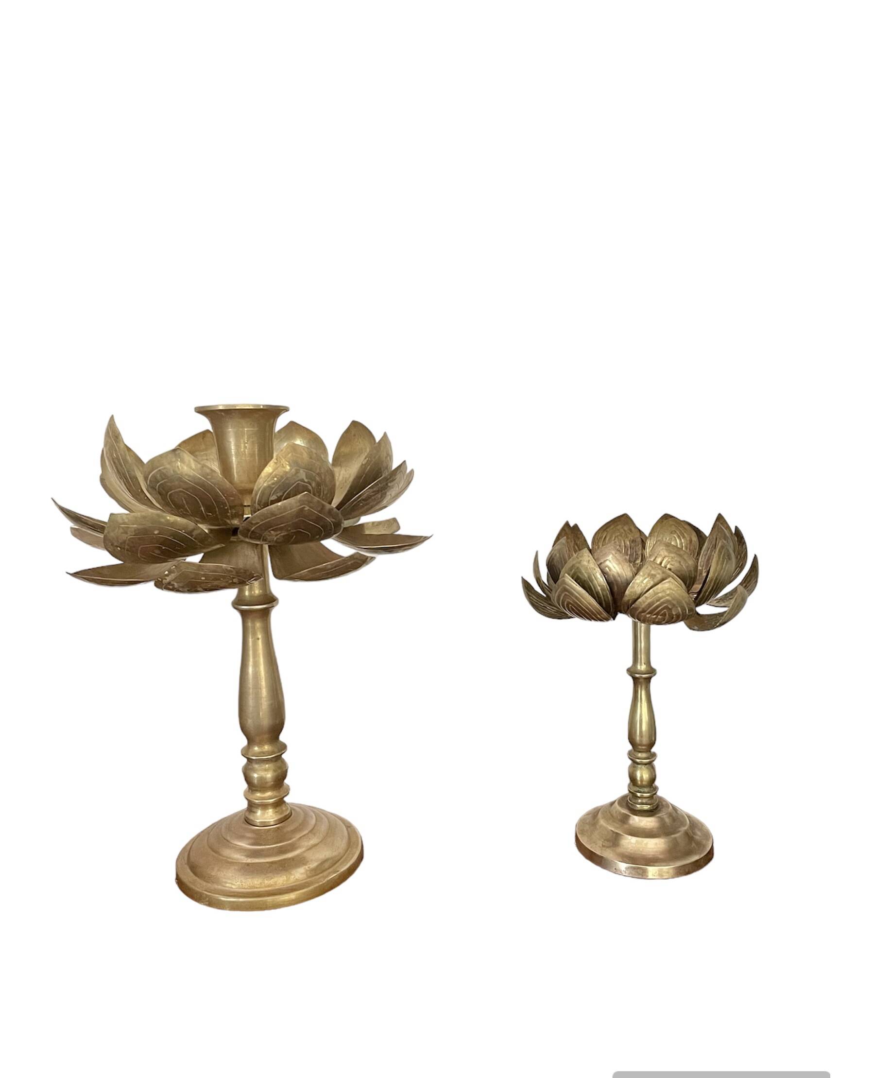 Set of two old brass lotus flower candlesticks