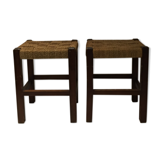 Paire de tabourets vintage en bois et corde