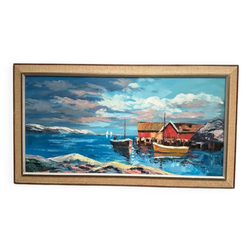 Original Swedish Oil on Canvas – “Port” by Lennart Börje – Signed – Vintage & Framed