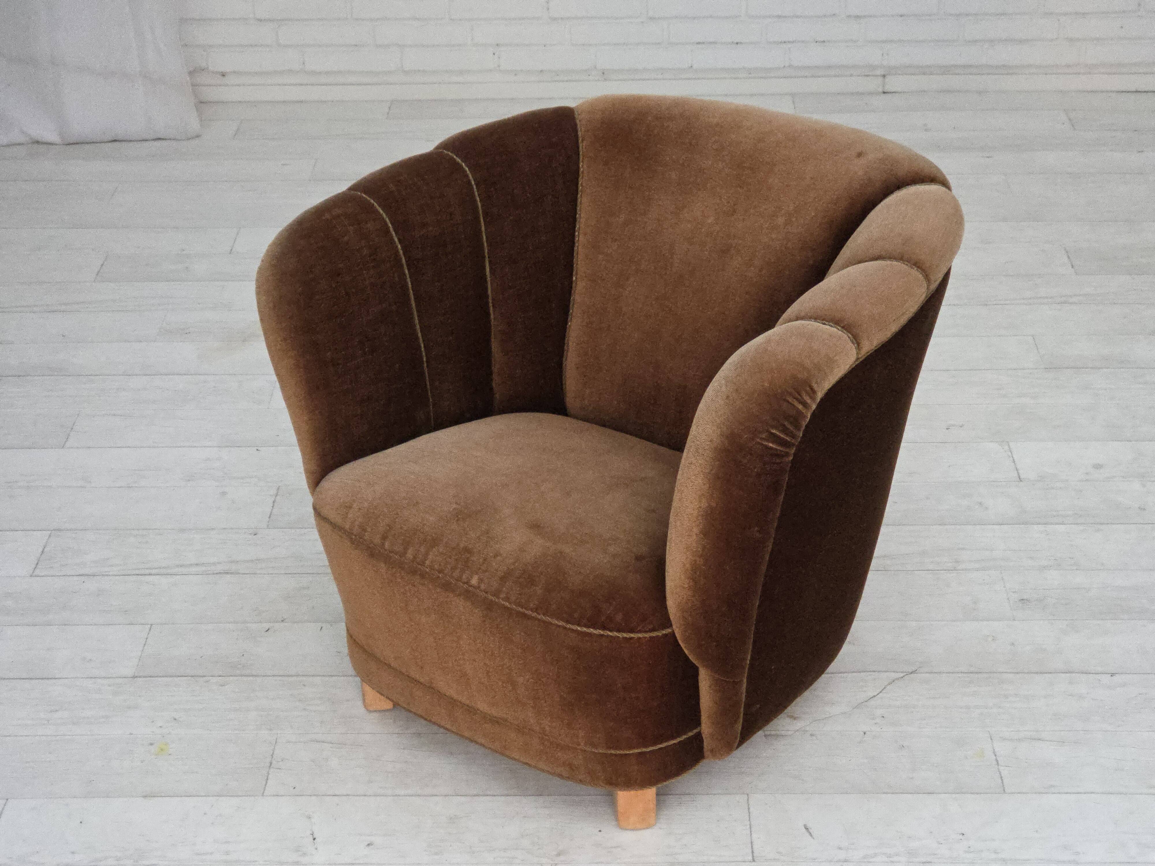1960s, Danish curved chair, brown furniture velour.