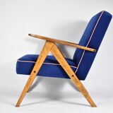 Fauteuil vintage B310 VAR "Compas", Pologne, super restauré, années 1960, velours bleu et rose.