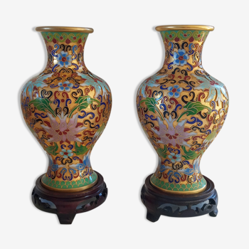Pair of copper vases, partitioned enamel with support
