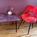 Barrel chair in red toupee, vintage, seventies, compass base.