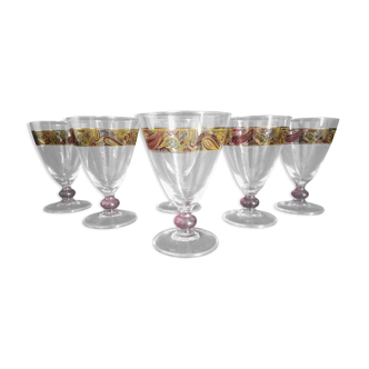 Set of 6 semi-crystal glasses with enamelled Art Nouveau frieze