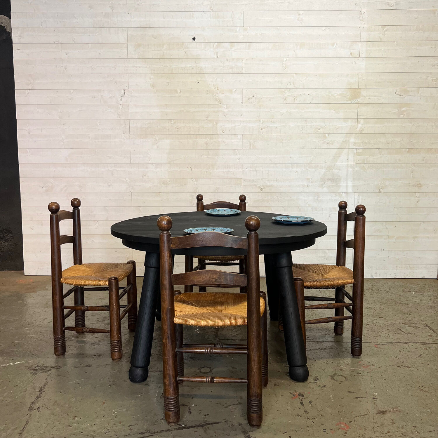 Brutalist round table in burnt wood yakisugi