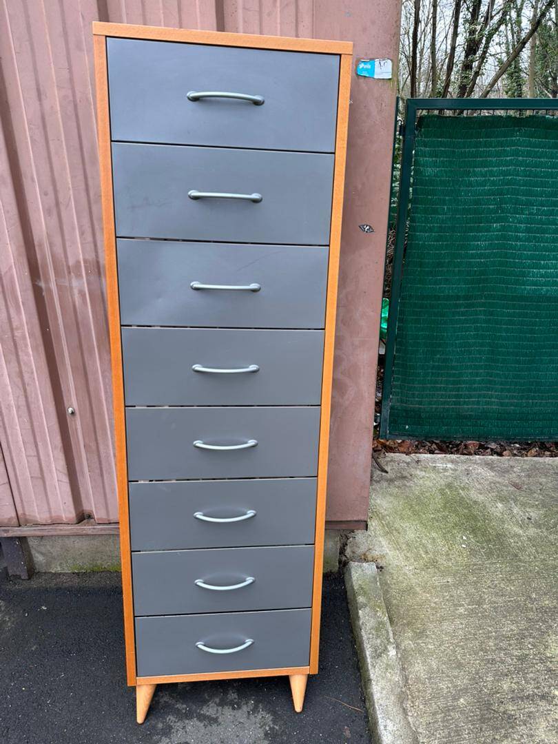 Scandinavian shoe storage cabinet in grey wood and metal.