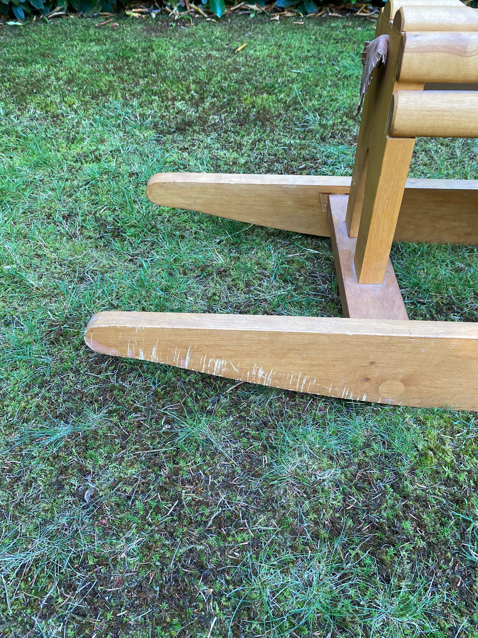 Vintage leather and pinewood rocking horse, giraffe, ca. 1970s