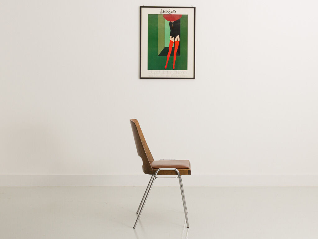 Set of 3 Jomain Baumann chairs, seat in imitation cognac leather, circa 1960