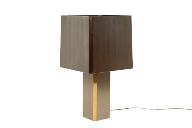 Grande lampe en métal brossé et laiton doré. Années 1970.