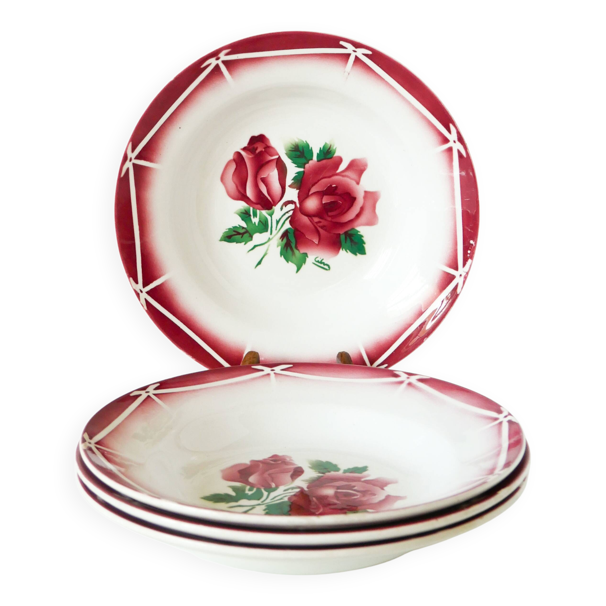 Set of 4 Digoin Sarreguemines soup plates, Cibon pattern, Pink, 1950
