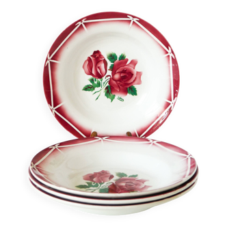 Set of 4 Digoin Sarreguemines soup plates, Cibon pattern, Pink, 1950