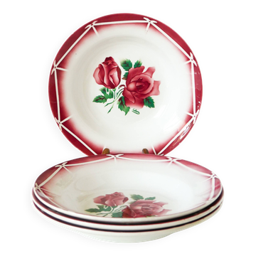 lot de 4 assiettes creuses Digoin Sarreguemines, modèle Cibon, Rose, 1950