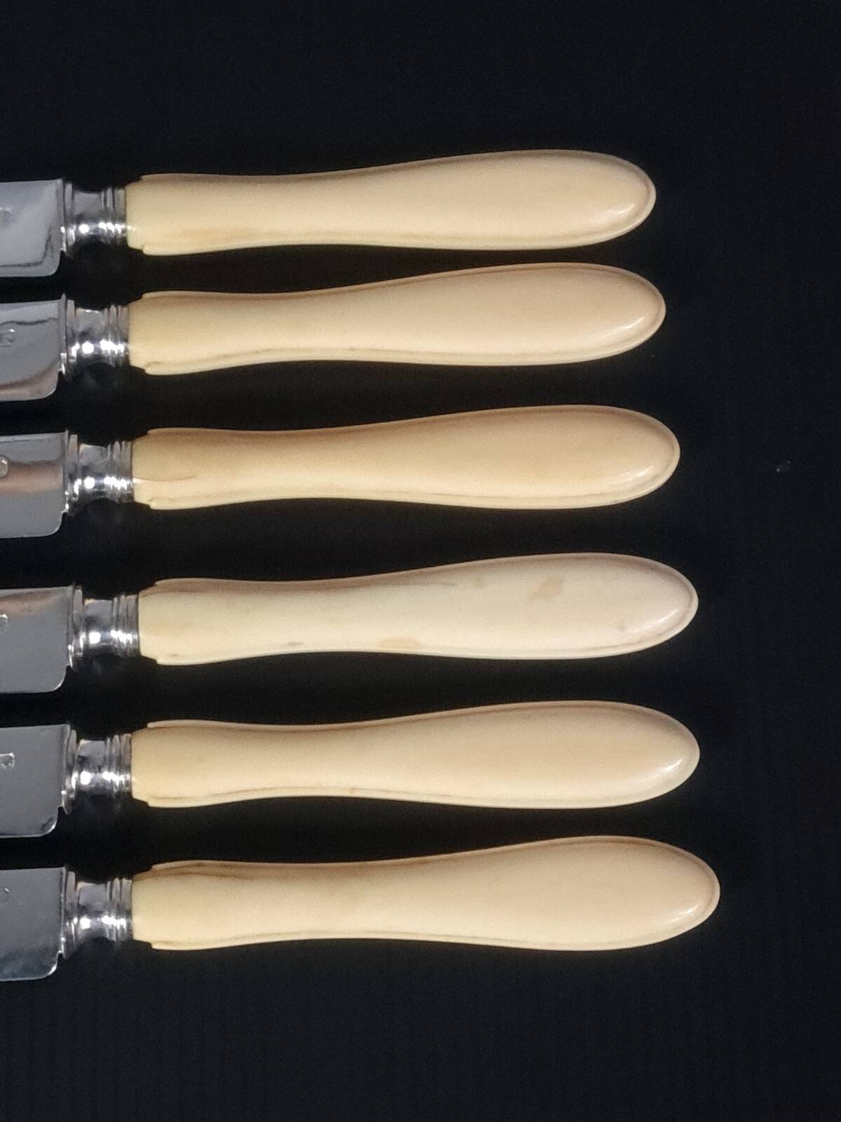 6 old silver blade knives, Hénin Cie hallmark + Minerva + case C651
