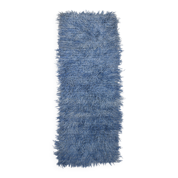 Tapis Tulu Vintage Bleu, Laine à Poils Longs, Style Shaggy, 115x301 Cm