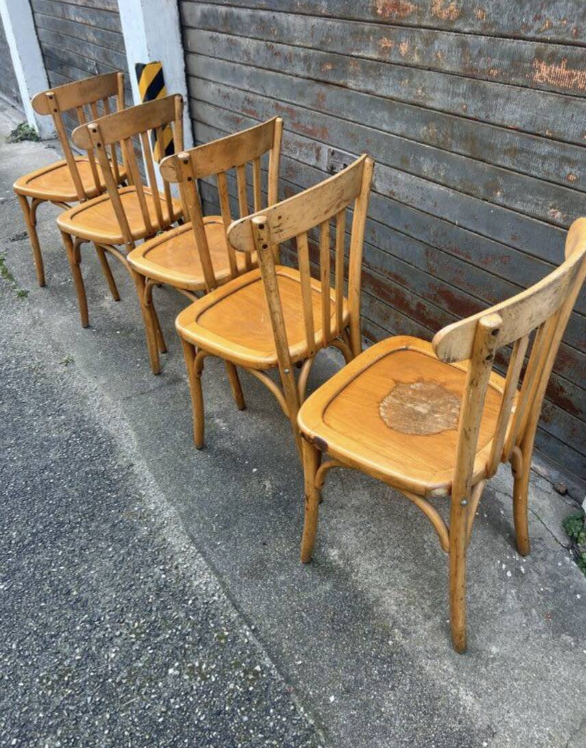 (Lot) 5 stamped Lutherma chairs (light oak)