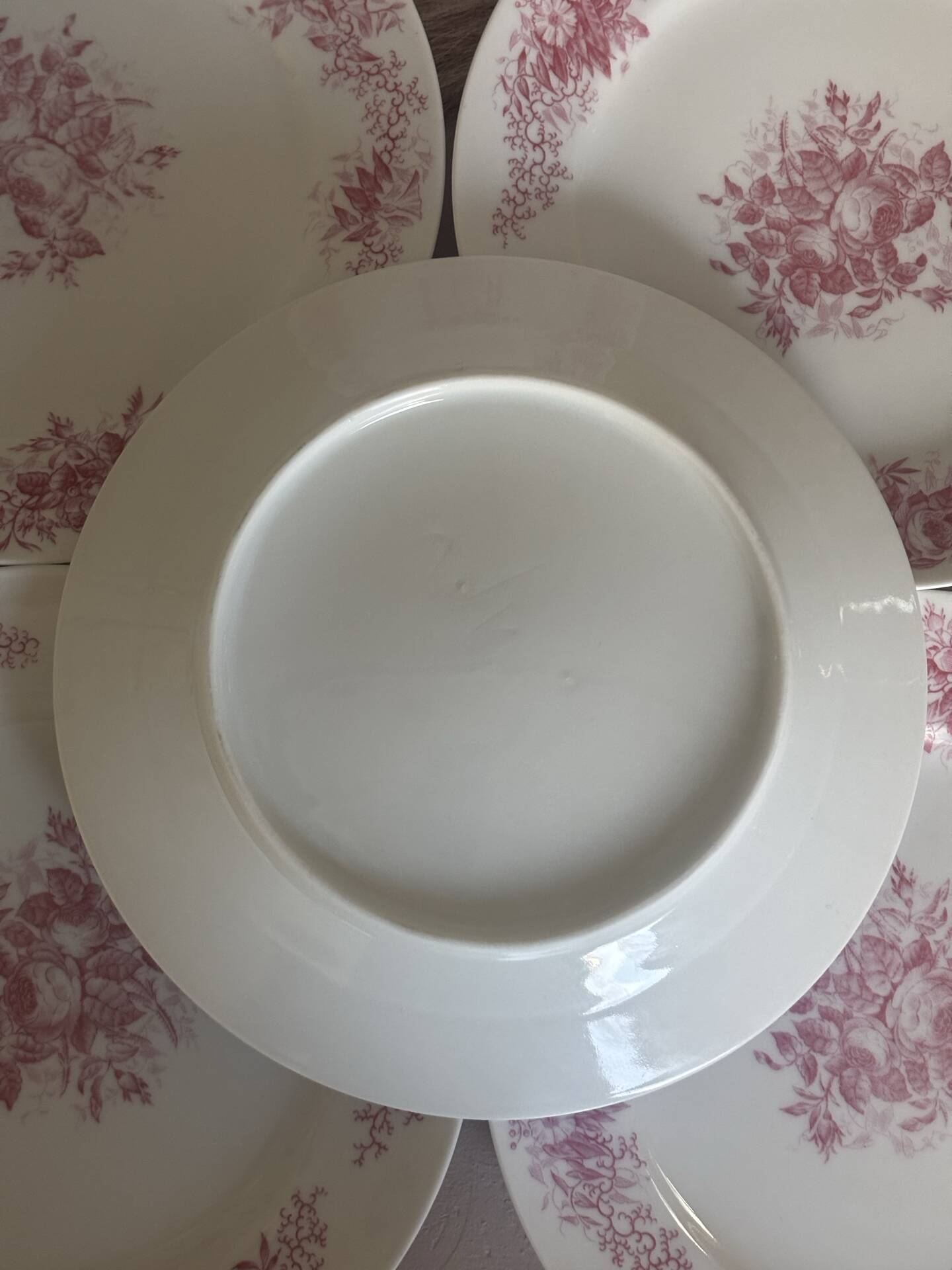 Set of 6 antique dessert plates in porcelain with pink flowers.