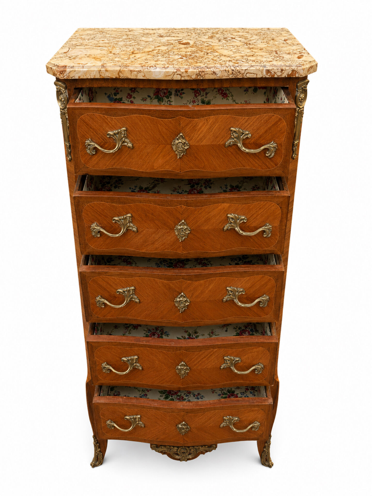 Louis XV style chest of drawers, Rosewood veneer and marquetry.