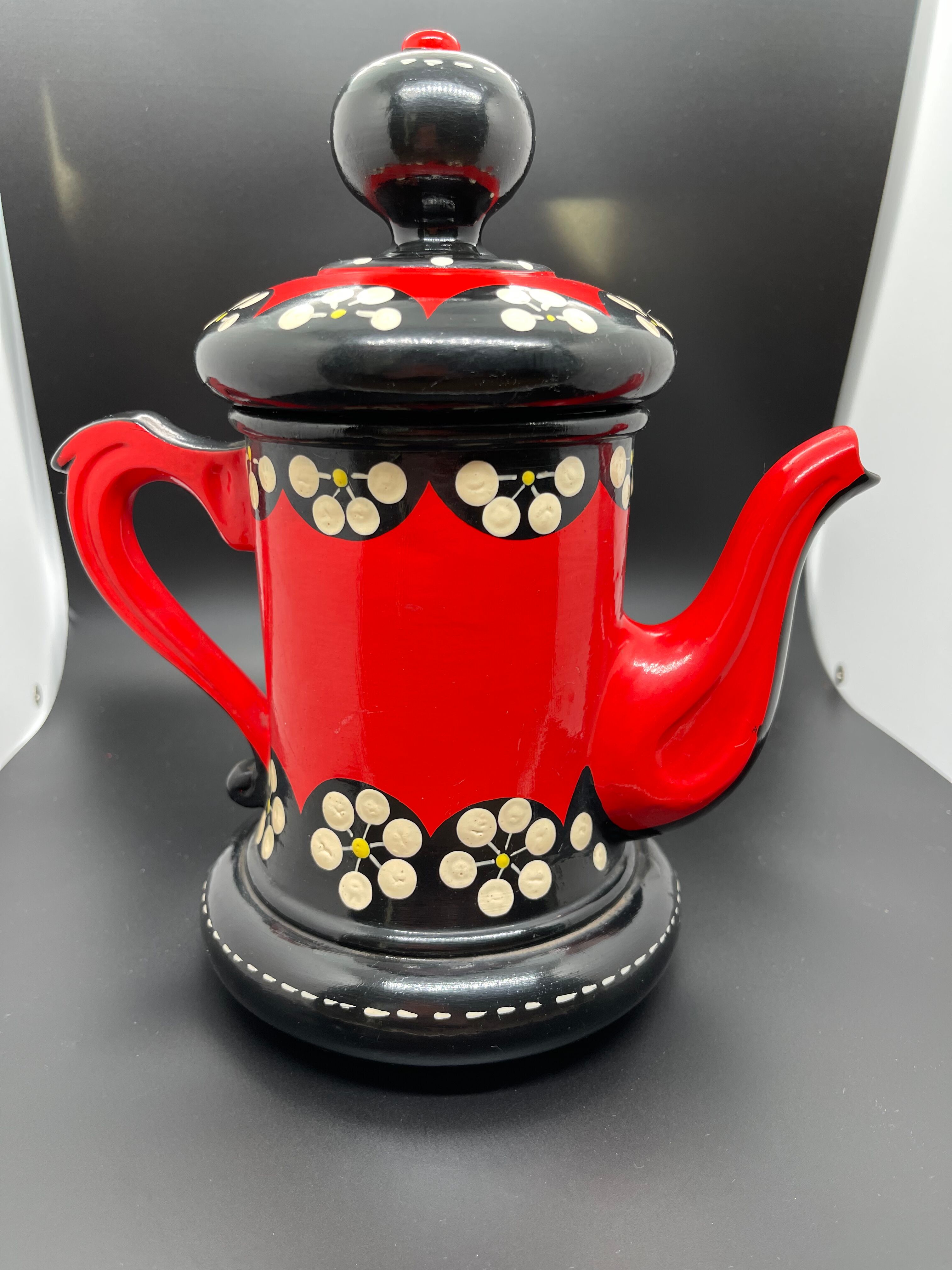 Vintage terracotta teapot glazed and hand painted