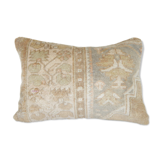 Distressed Turkish Oushak Rug Pillow, Natural Cover for Living Room, Muted Ethnic Cushion 14'' X 20'' (35 x 50 Cm)