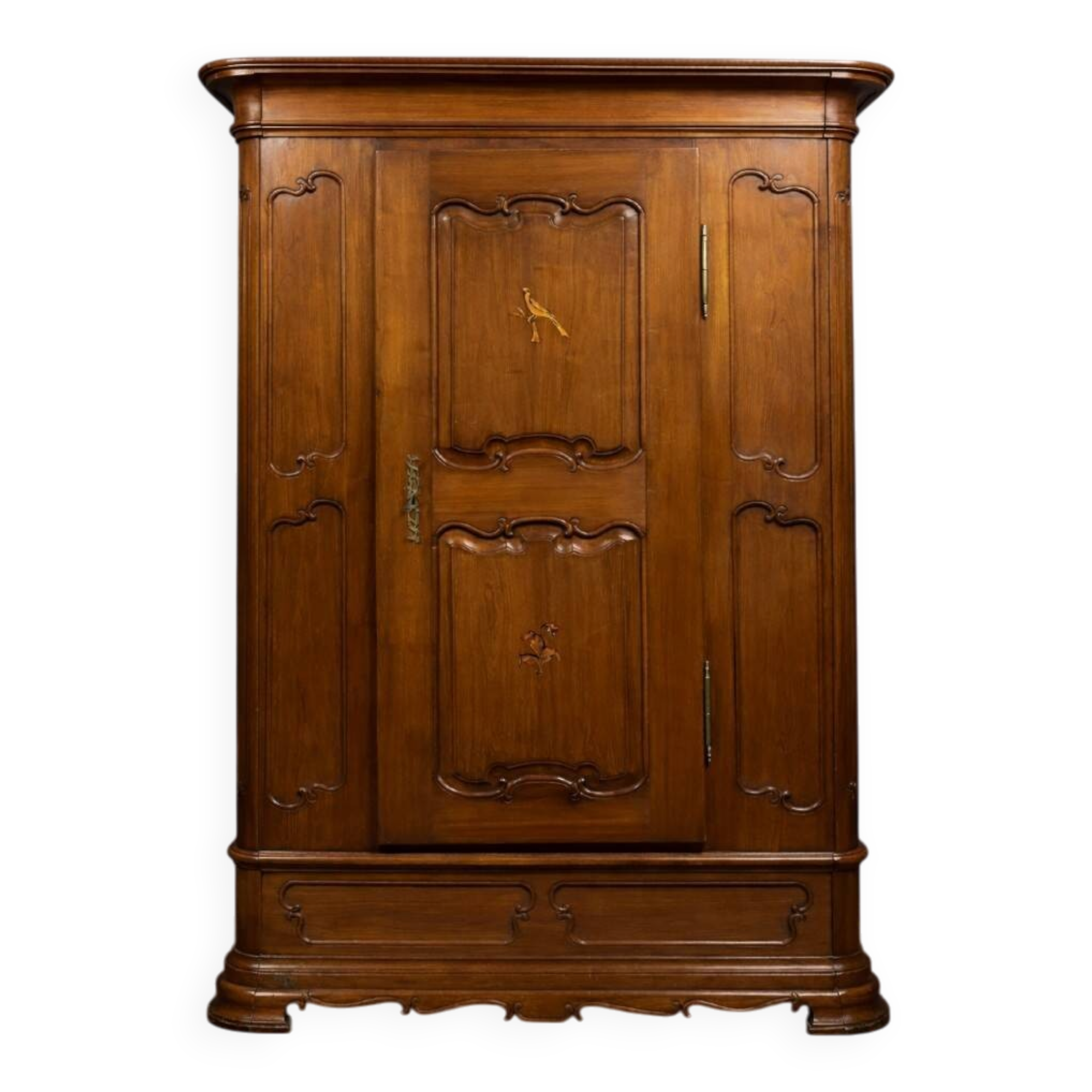 Armoire bonnetière ancienne en merisier et marquéterie – Style Louis XIV
