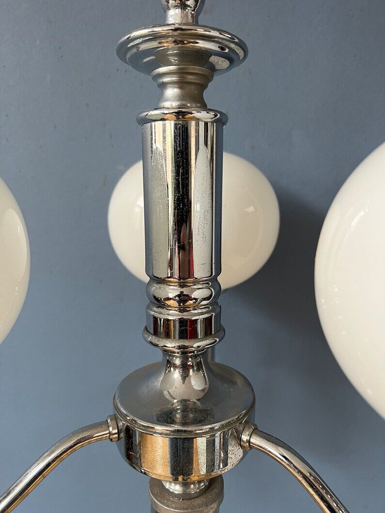 Mid-century white opaline glass chandelier with chrome frame