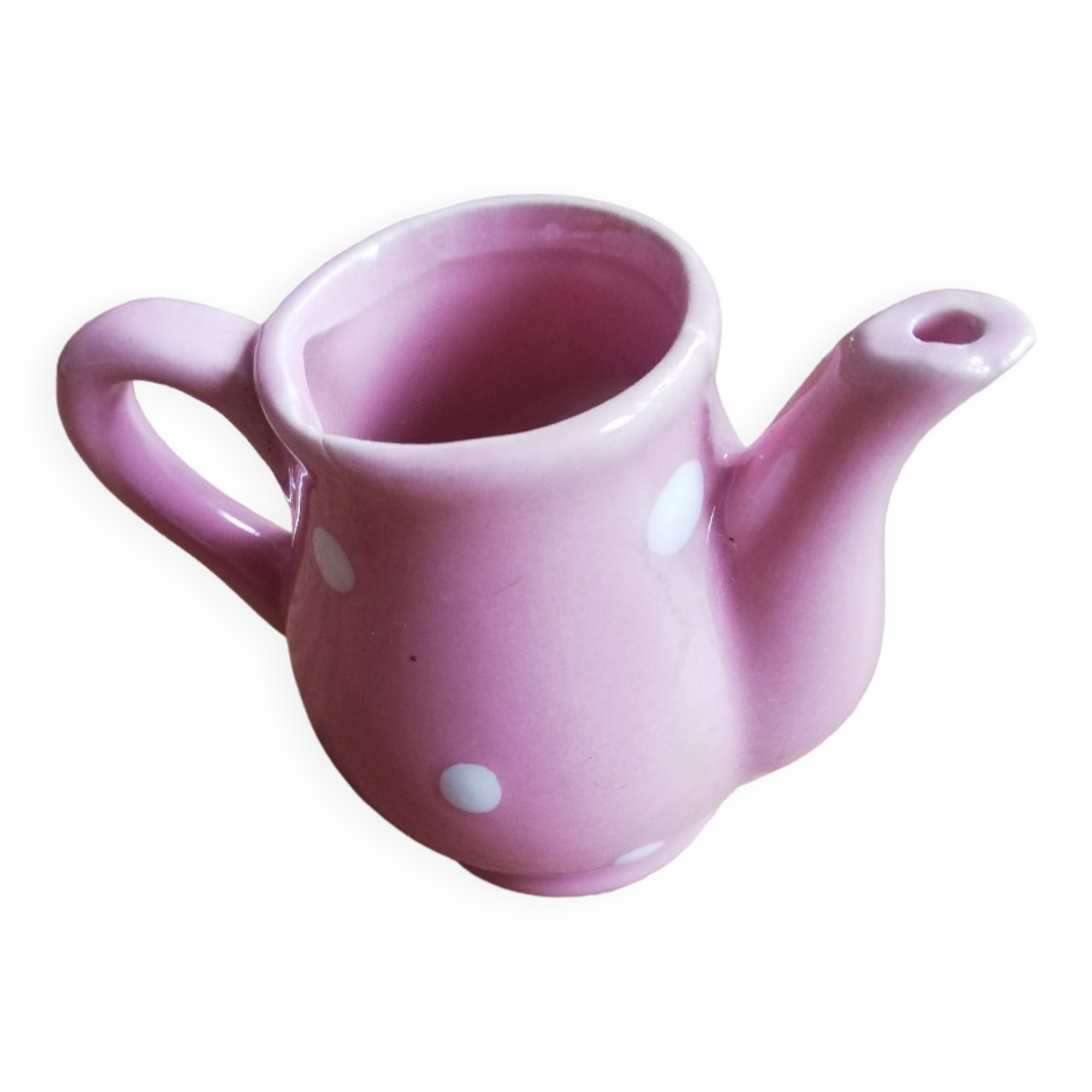 Miniature pink pitcher with white polka dots for play kitchen or dollhouse