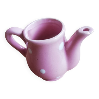 Miniature pink pitcher with white polka dots for play kitchen or dollhouse