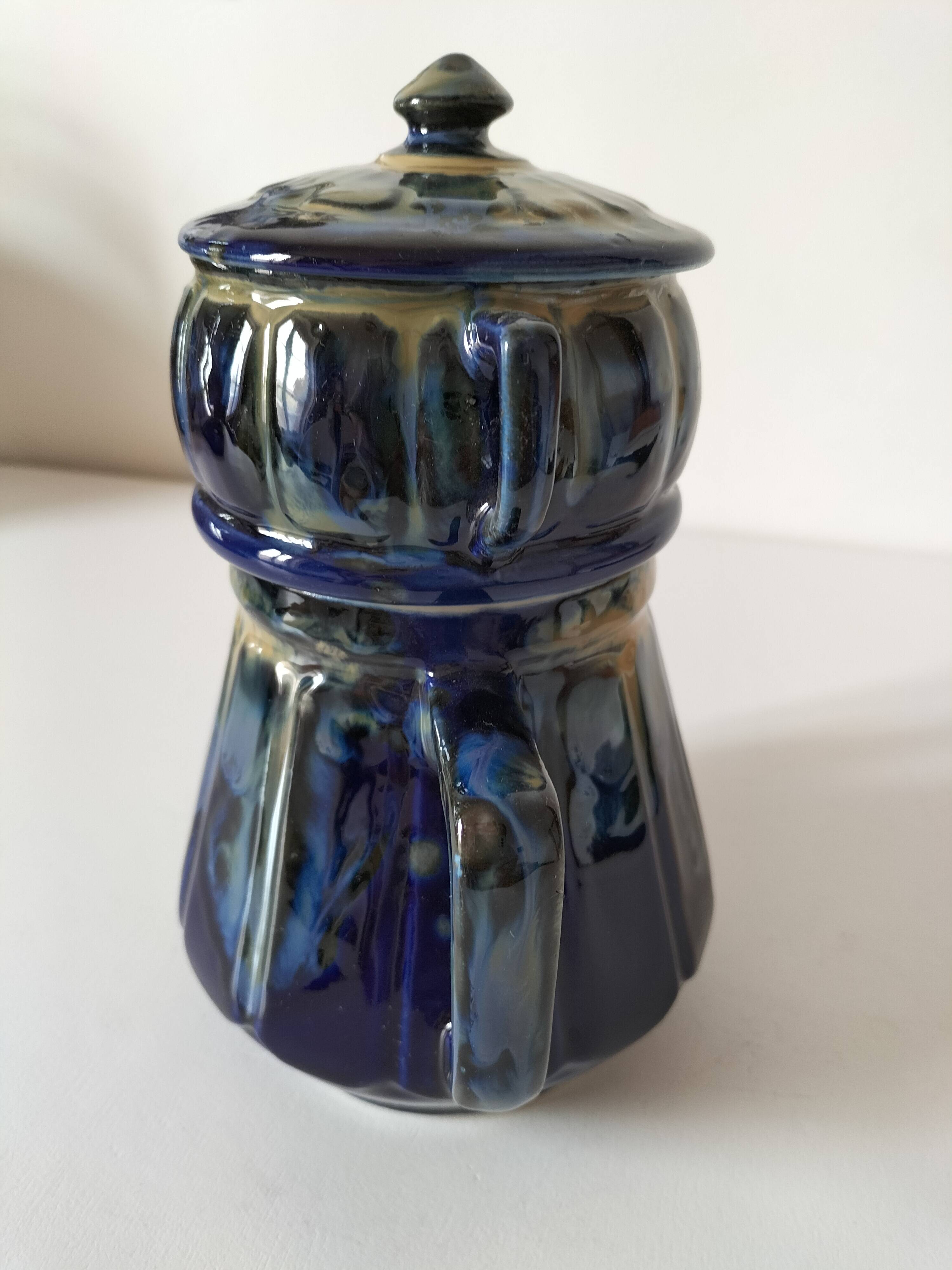 Midnight blue and flamed beige enameled ceramic filter coffee maker