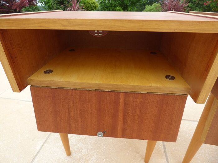 2 vintage scandinavian drawer nightstands with clamshell door