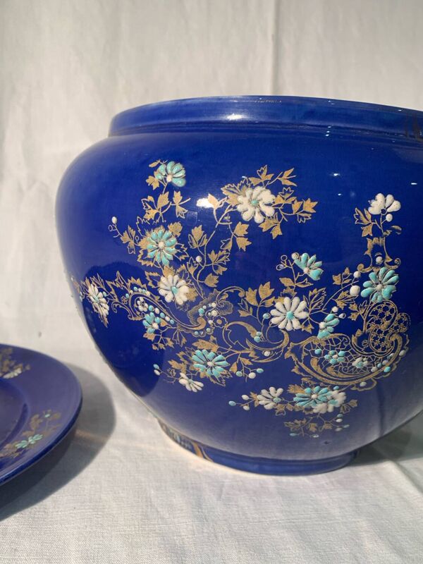 Ancien cache-pot bleu, céramique, faïence Art nouveau ver 1900